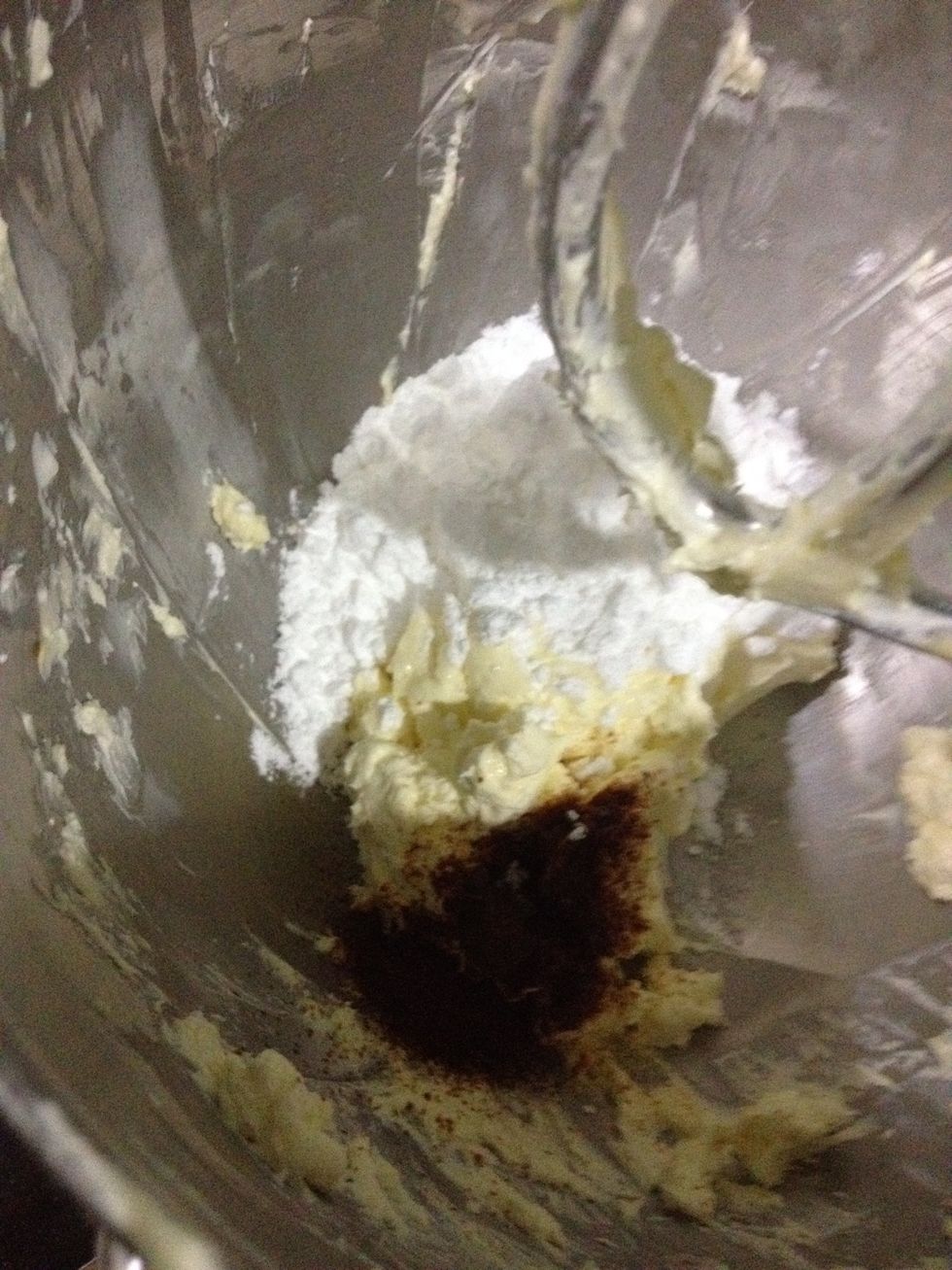 Add in espresso powder and sugar. I had no fine sugar so I just used icing sugar. Works the same. Mix mix mix.