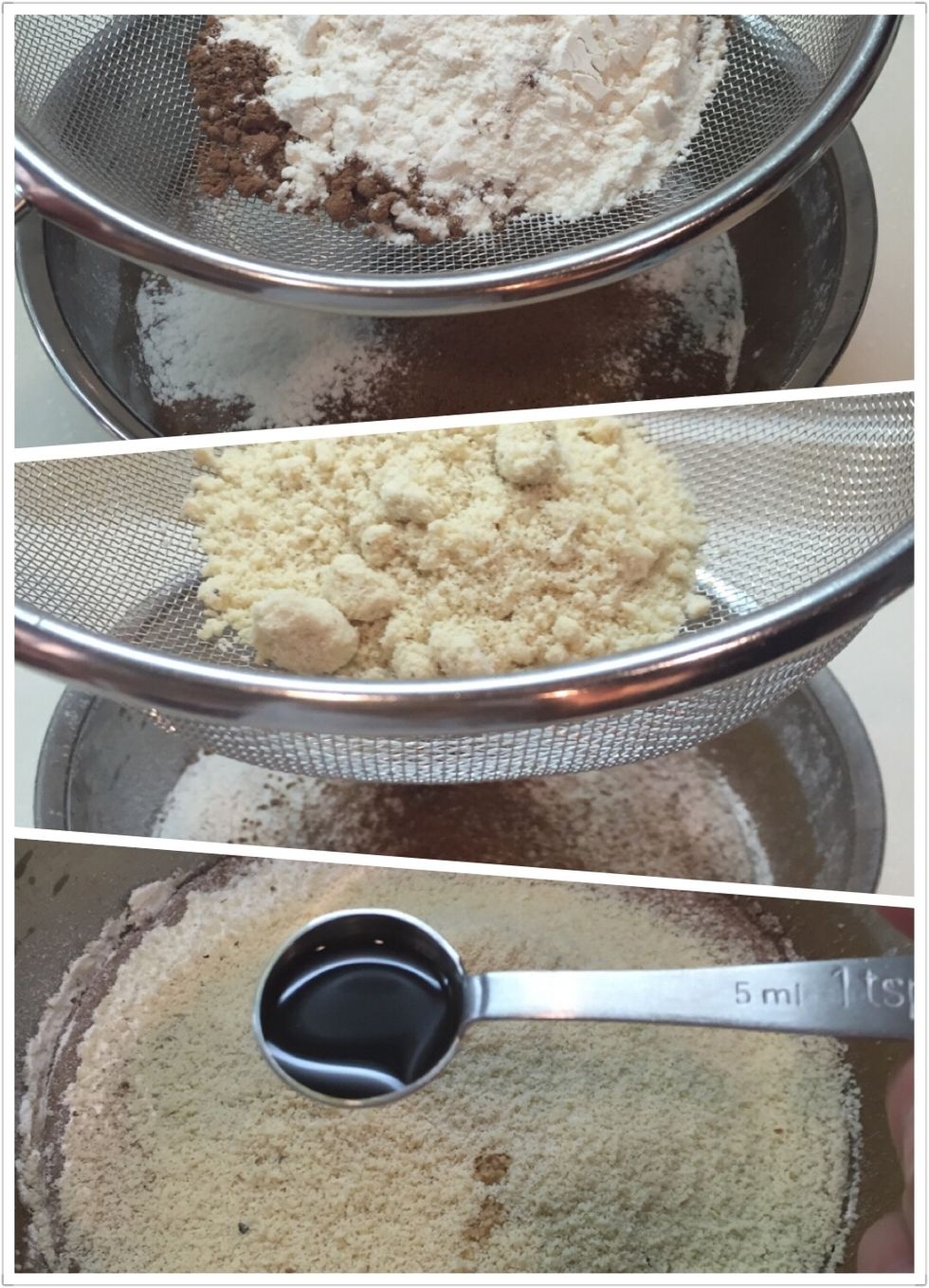 Add in flour, almond powder, cocoa powder, vanilla essence and a pinch of salt.