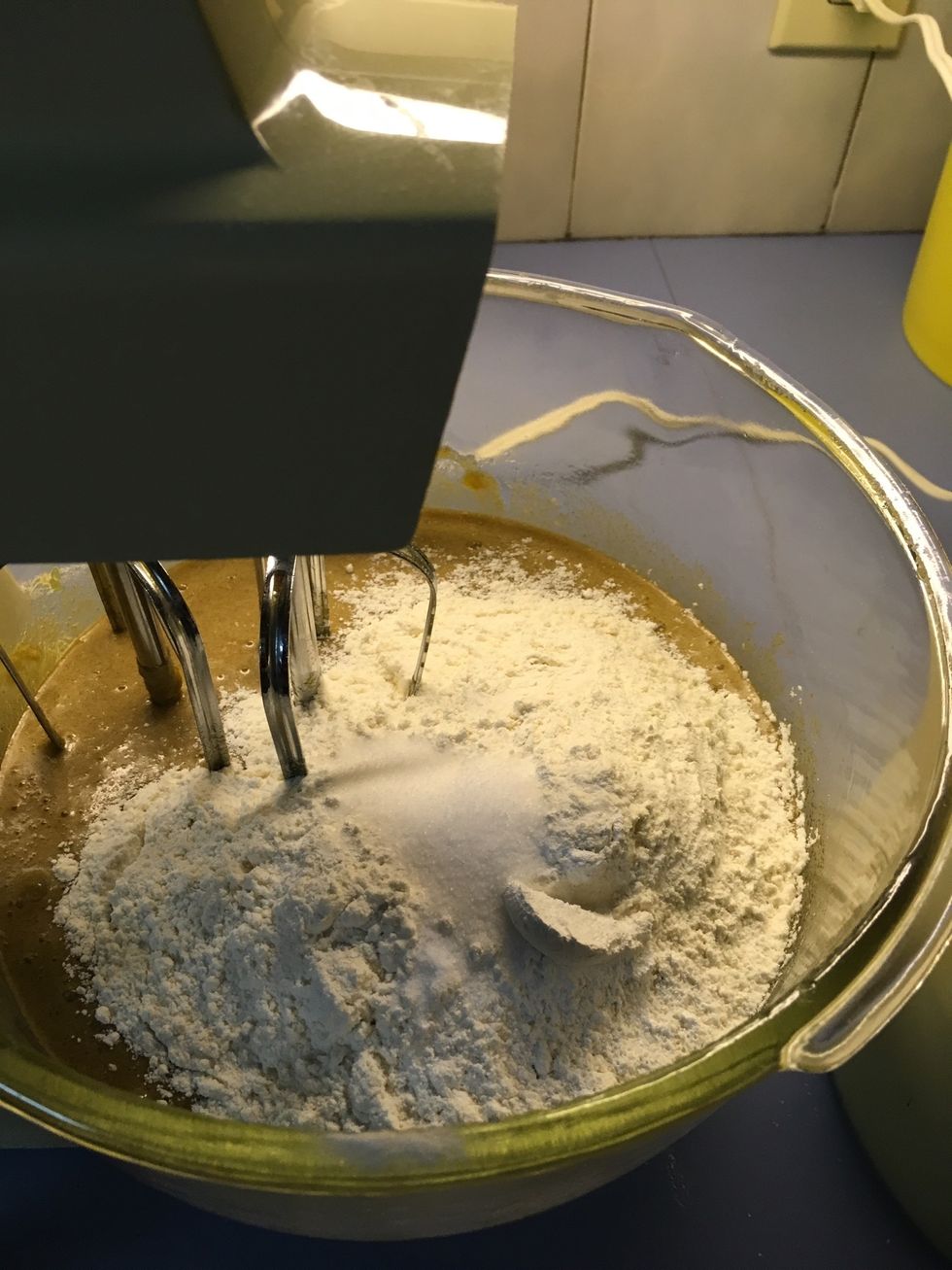 Add in flour, salt, baking soda, and baking powder.