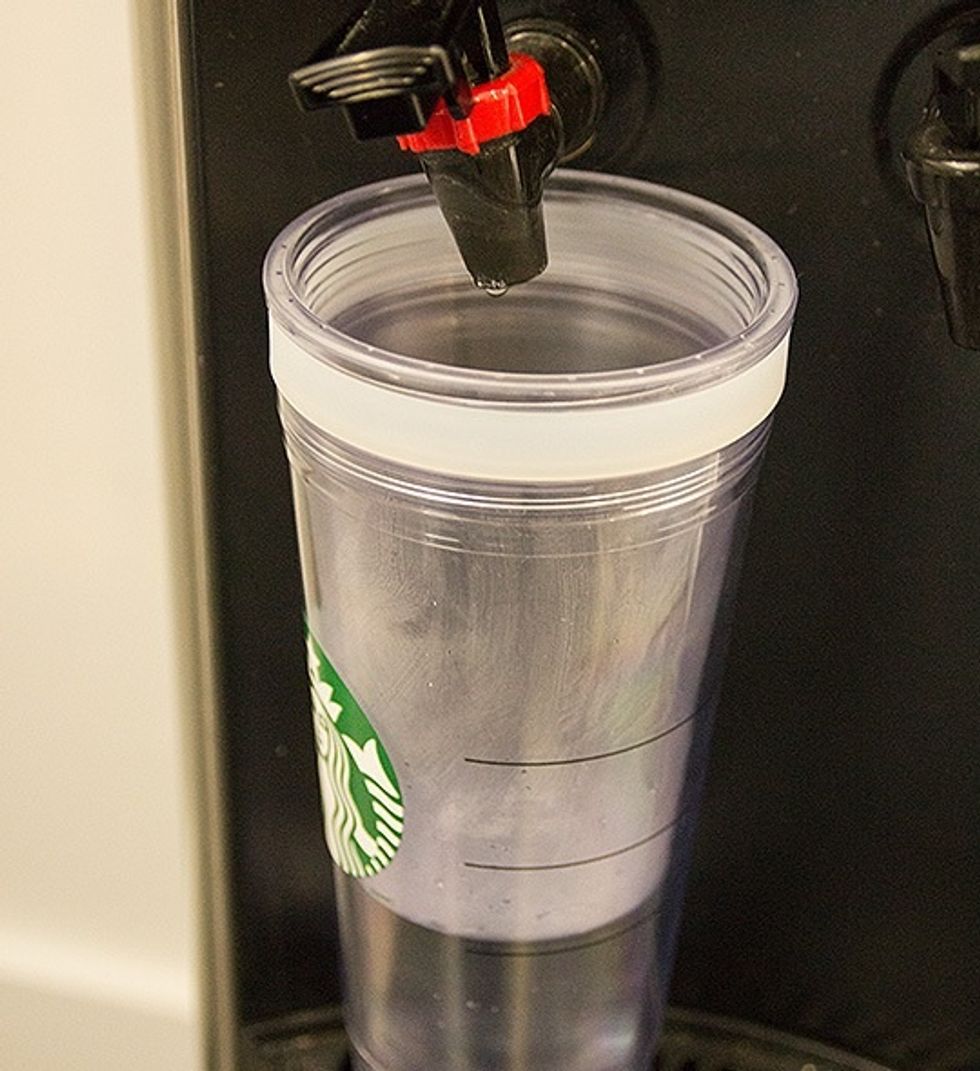 Add in hot water, I used our office water cooler and filled it to the first line of my cup. You can alternatively microwave ~8-10oz.