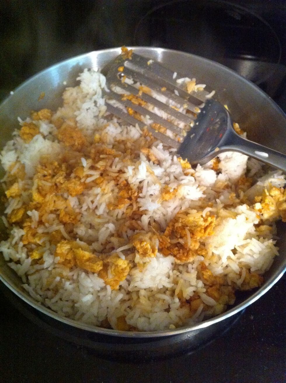 Add in jasmine white rice (or brown rice, quinoa, etc) and mix together. Taste and add more salt, pepper, or soy sauce to desired taste (I like mine more peppery than salty)