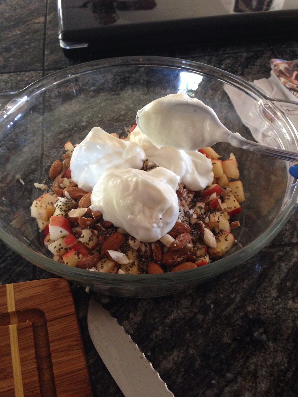 Add in some Greek yogurt. Start off with less than you would think because it's easier to add more that it is to take some away. Mix it in and decide whether to use more or not. I used 3 spoonfuls.