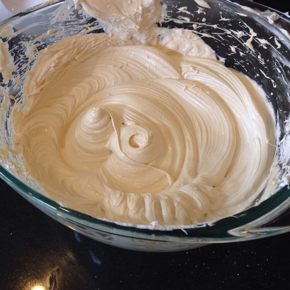 Add in thawed cool whip and beat until creamy and fluffy (about two minutes) Mixture should look something like this.