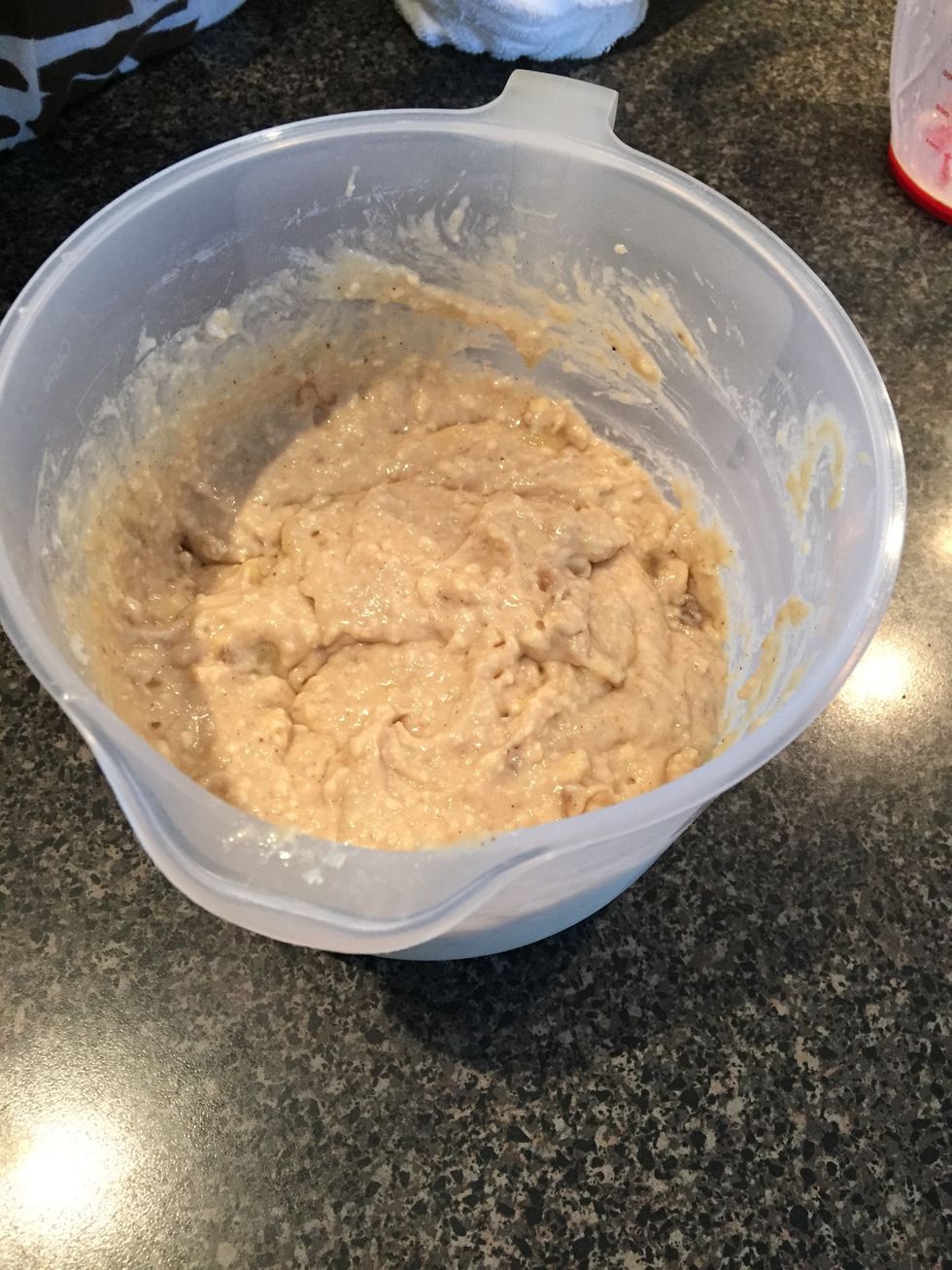 Add in the banana mixture into the dry ingredients and mix