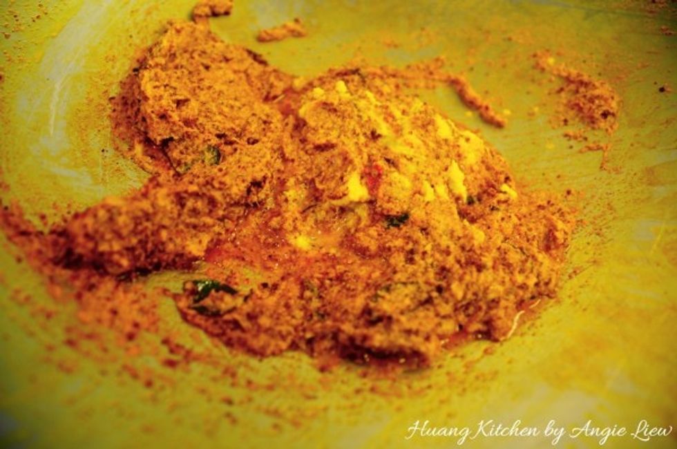 Add in the blended Spice and continue to stir fry over low heat until aromatic.