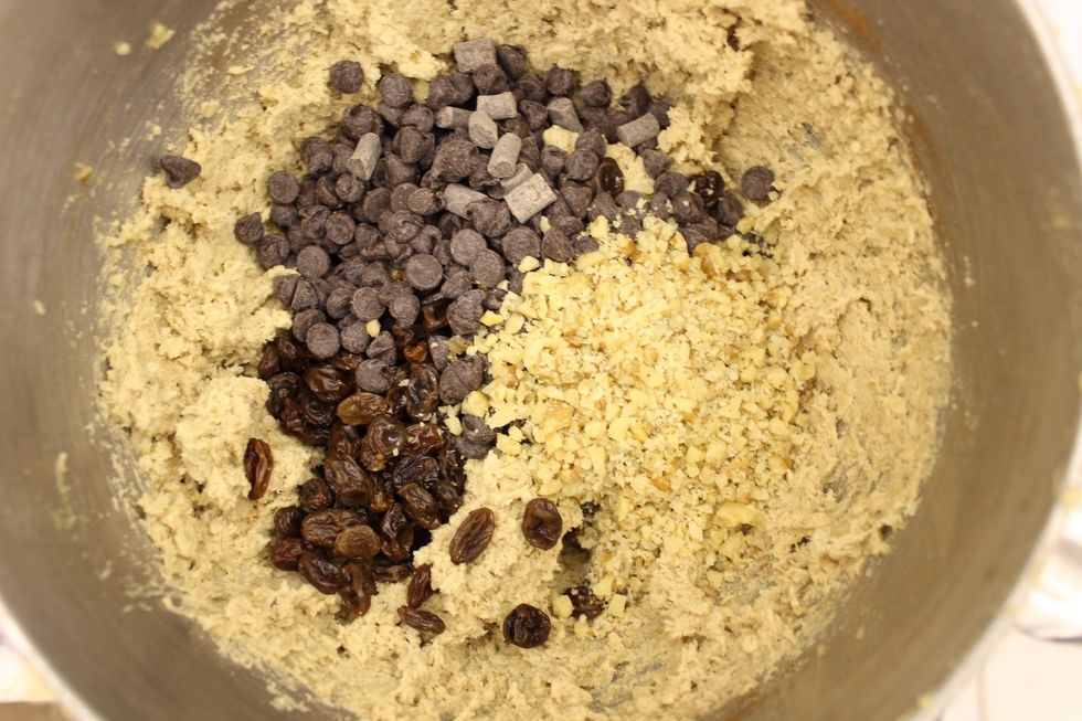 Add in the chocolate chips, raisins and chopped walnuts.