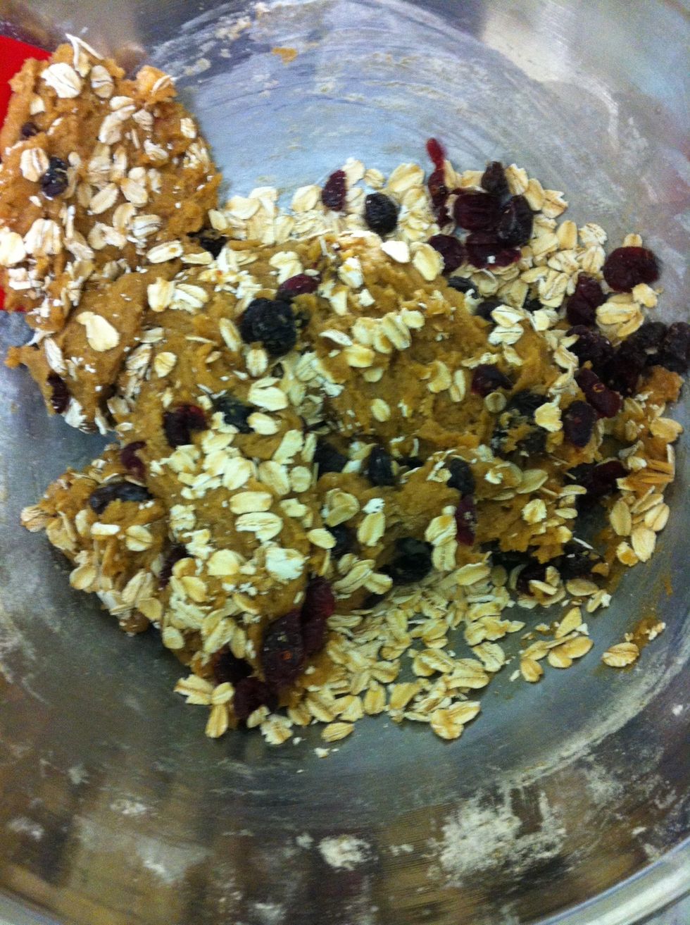 Add in the craisins and raisins