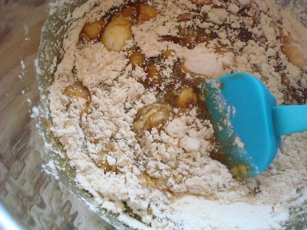 Add in the dry ingredients and mix. Sprinkle in the chocolate chips. Tip: if you want an even amount of chips in the cookies, put them in after you have spooned the dough on the cookie sheets.