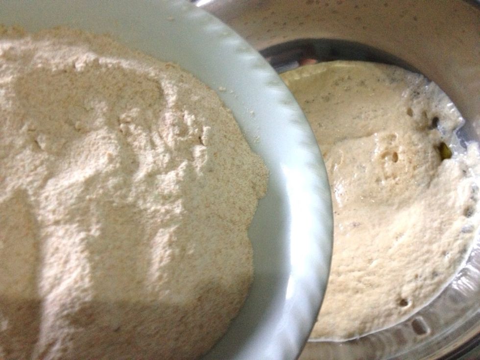 Add in the egg mixture, then add in 3.5 cups of whole wheat flour