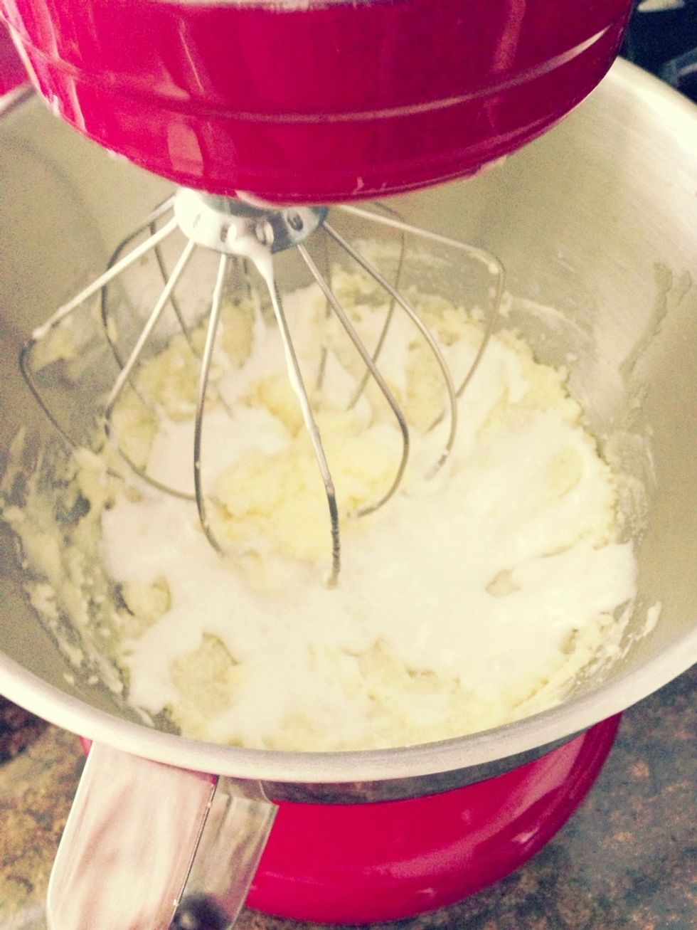 Add in the egg whites, or in my case, egg replacer and vanilla and mix until combined.