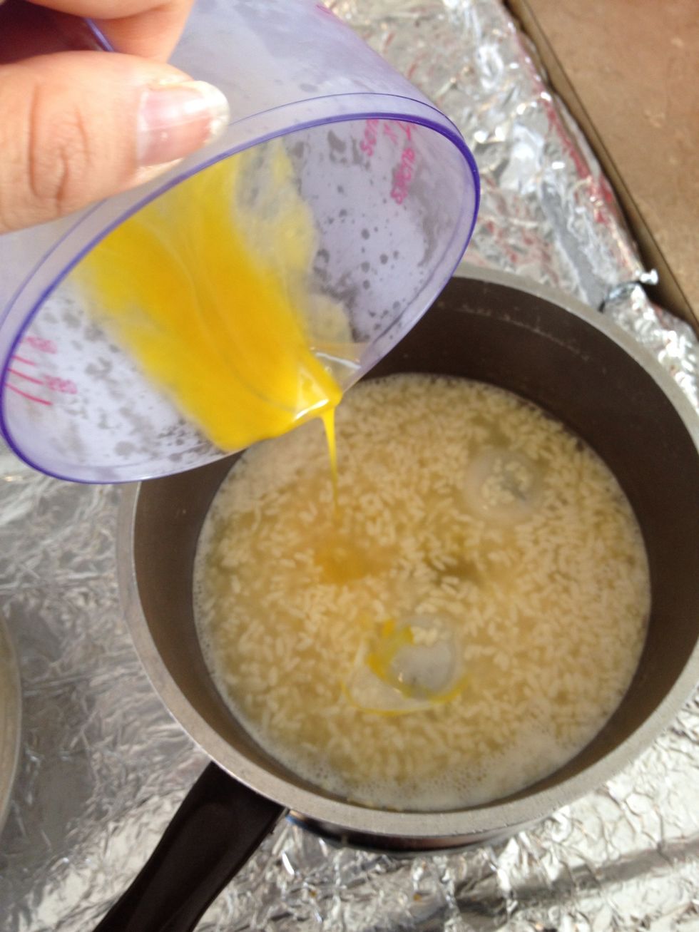 Add in the eggs. Here's the key, turn off the heat right after adding the eggs. This way the eggs will be done but not too old.