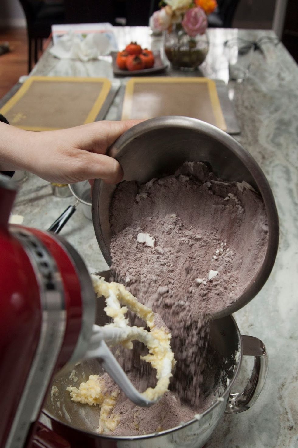 Add in the mixed cocoa and flour...