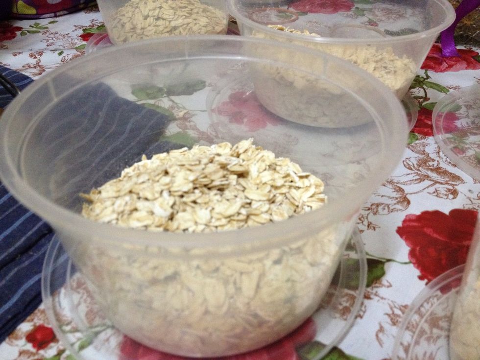 Add in the oats (do not use quick oats..only rolled oats or steel cut oats). Just eye ball how much you wish to eat. We put in about 1/3 of the container