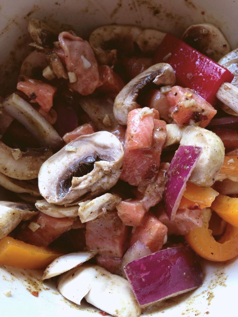 Add in the vegetables and mix together slowly until everything is mostly coated.