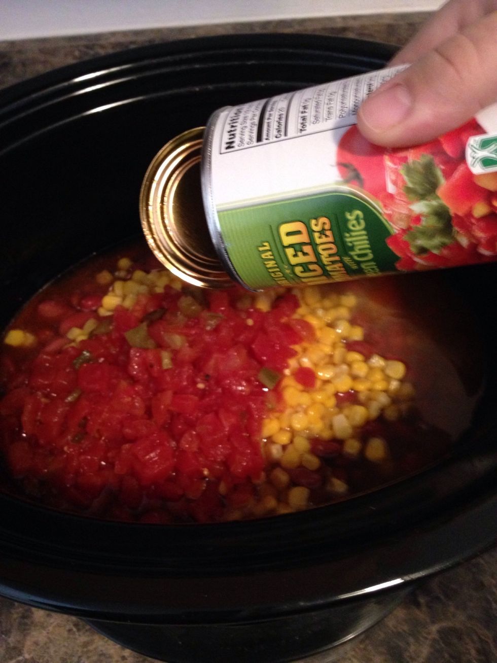 Add in your 15oz can of tomatoes and green chilies.