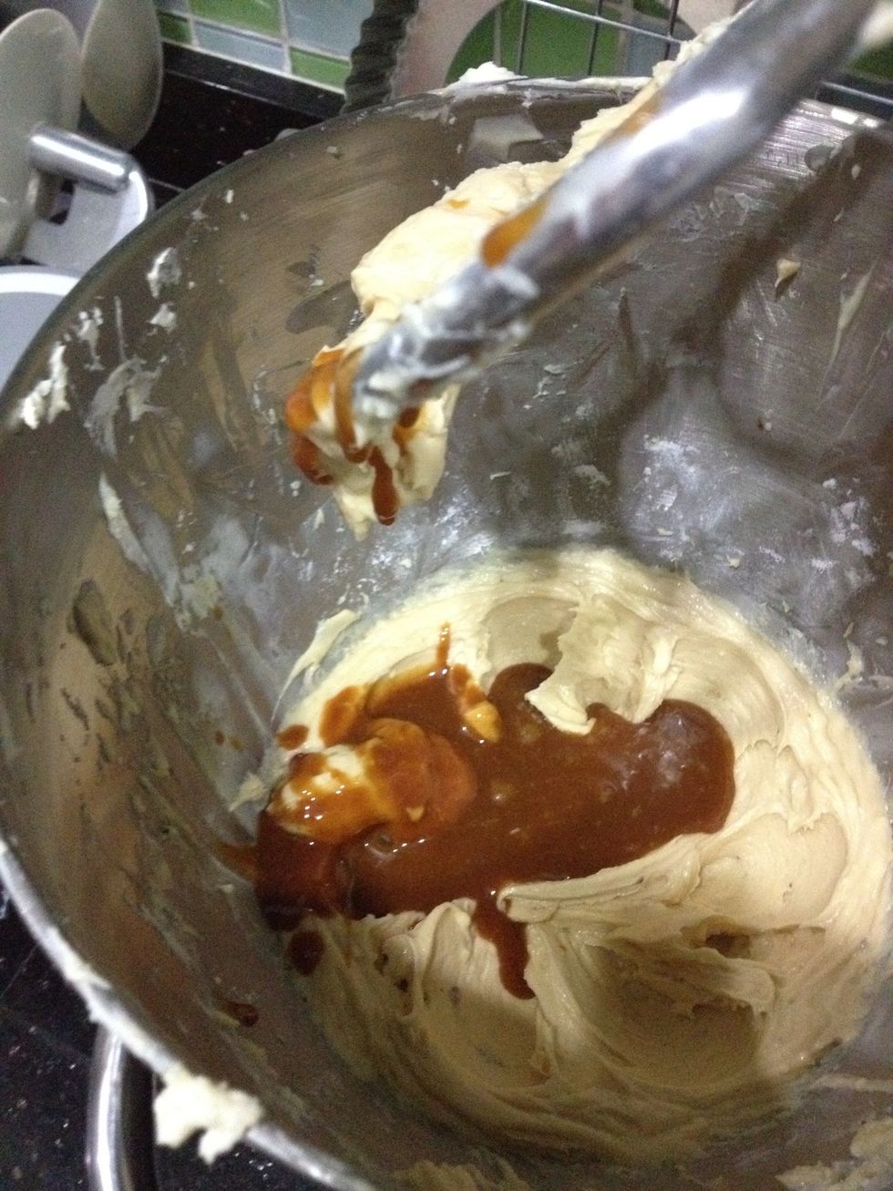 Add in your caramel sauce. Store bought, homemade. Doesn't matter. I do have an easy guide on how to make caramel. :) I used my homemade one. Mix for 5 minutes.