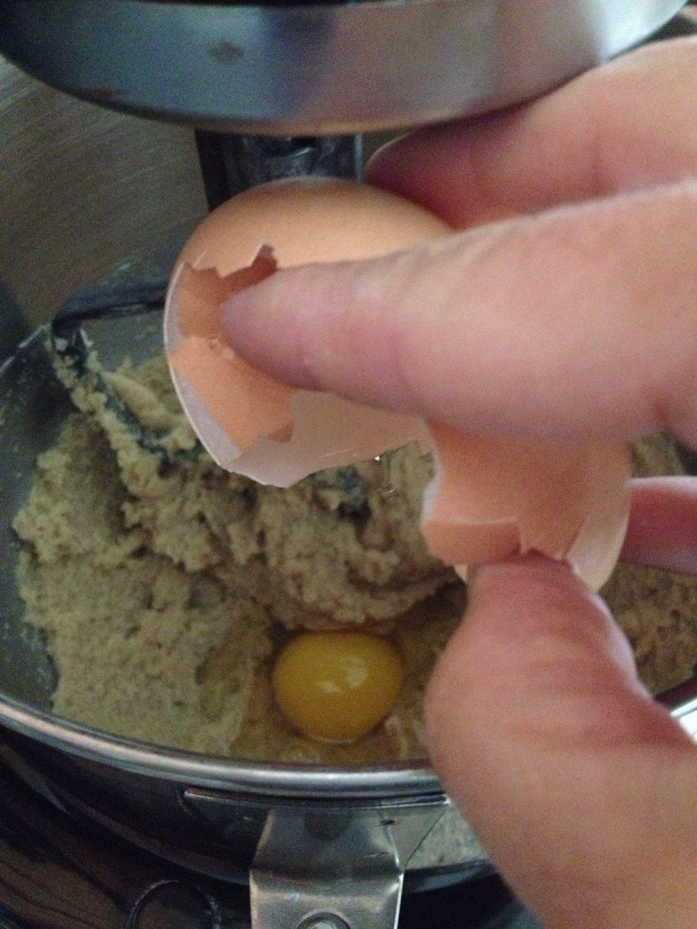 Add in your eggs, 1 at a time, so each can incorporate into the rest of the mixture.