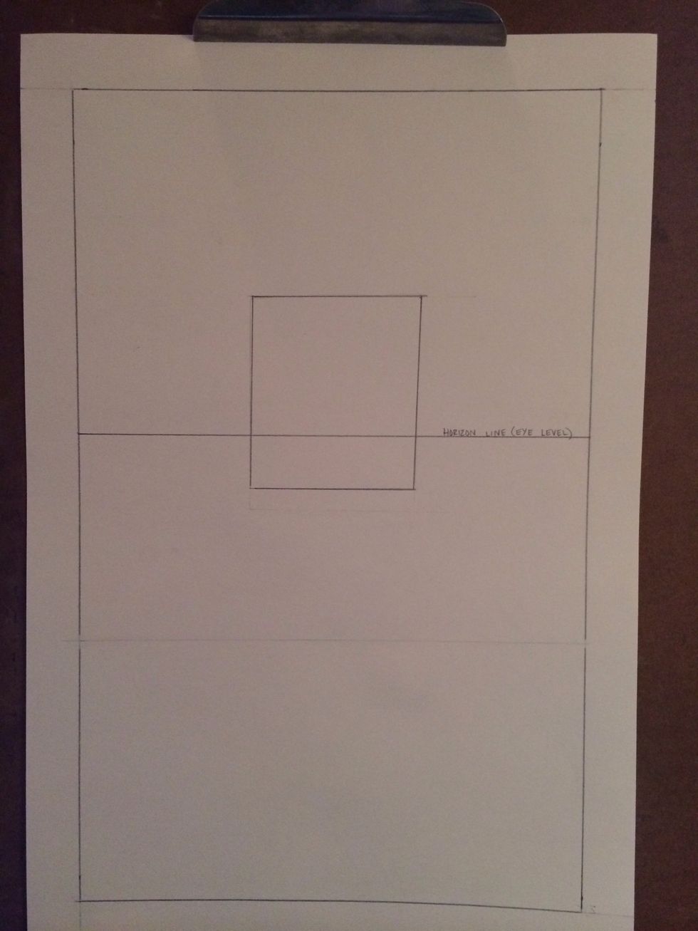 Add in your horizon line. This is your eye level so if you are sitting it will be towards the bottom of the back wall box. You need your horizon line to find your vanishing point.