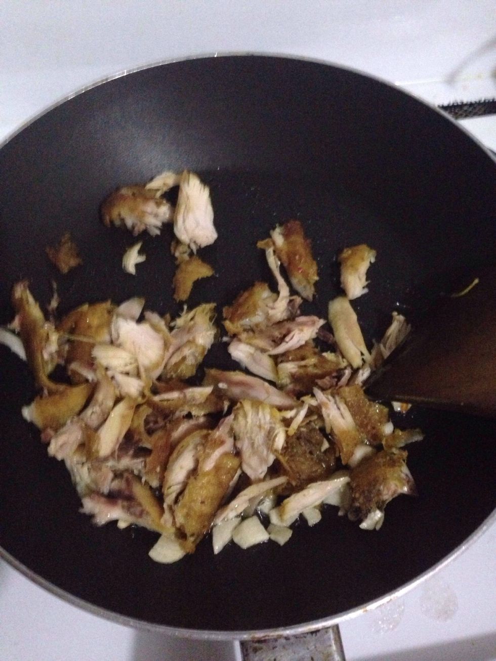 Add in your meat, cook thoroughly. I use leftover chicken. You can use ground chicken/beef, or chunk pieces. Bacon or ham? Yes and yes. You can also add in mushroom.