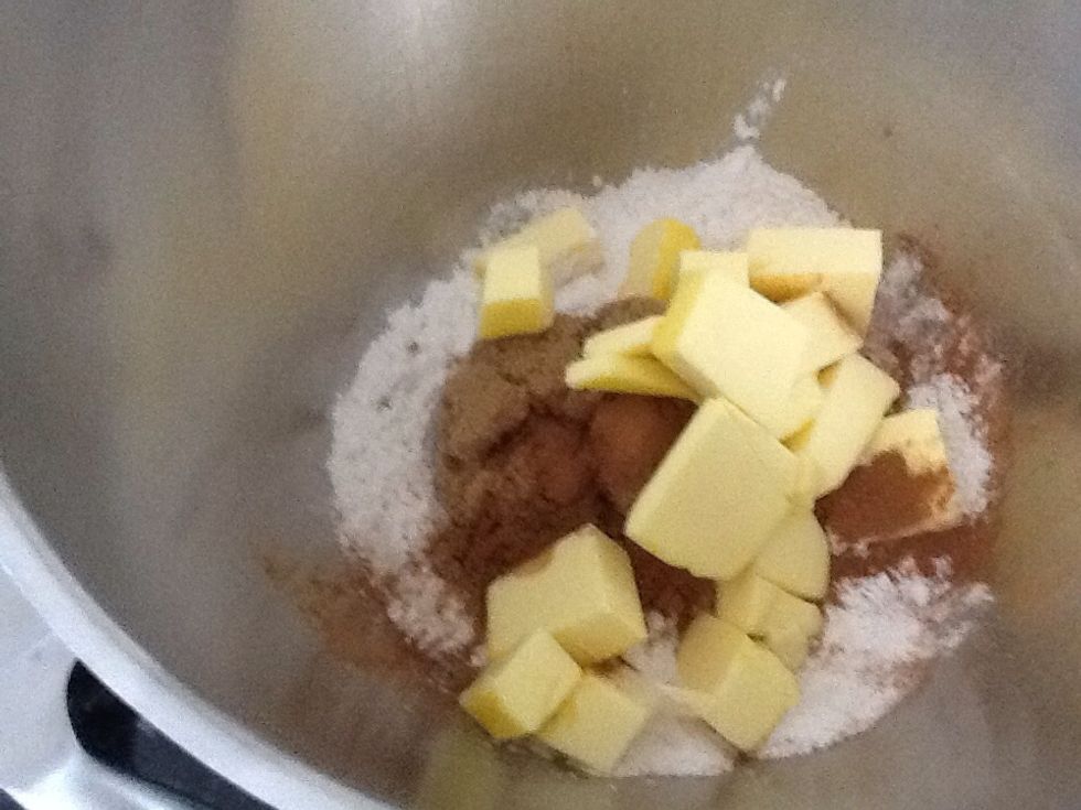 Add ingredients together, and combine with fingers to resemble coarse bread crumbs.