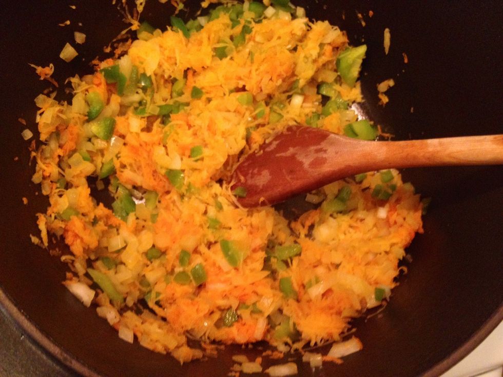 Add it to a pot with some butter. Stir and give it a few minutes. Remember that because of the turnip my dish will be more yellowish than yours will be, if you go ahead and try this recipe.