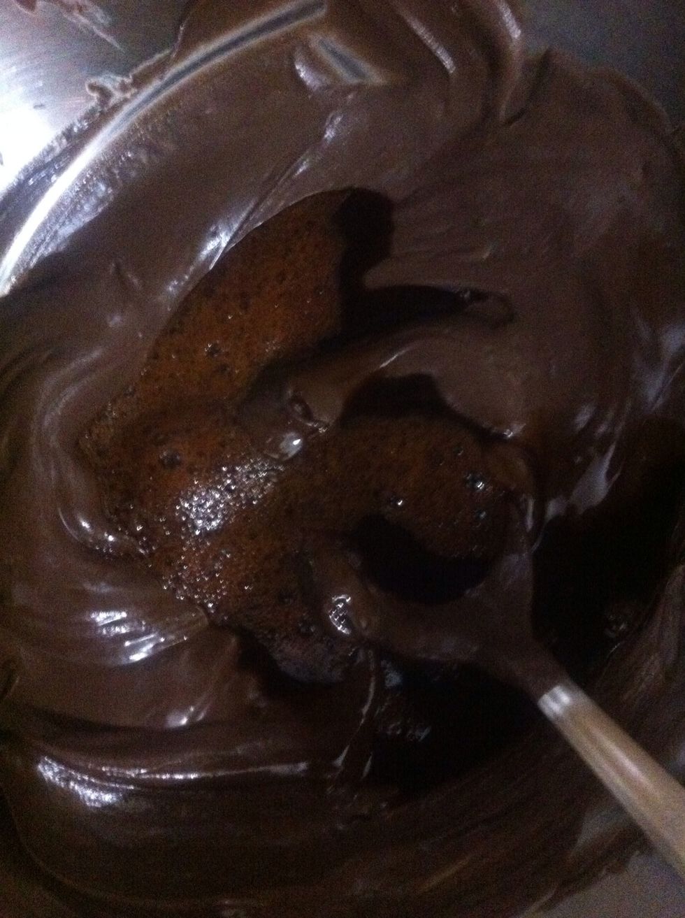Add it to the melted chocolate and immix properly. when it's done, nice n smooth, take it off the heat and let it cool a bit