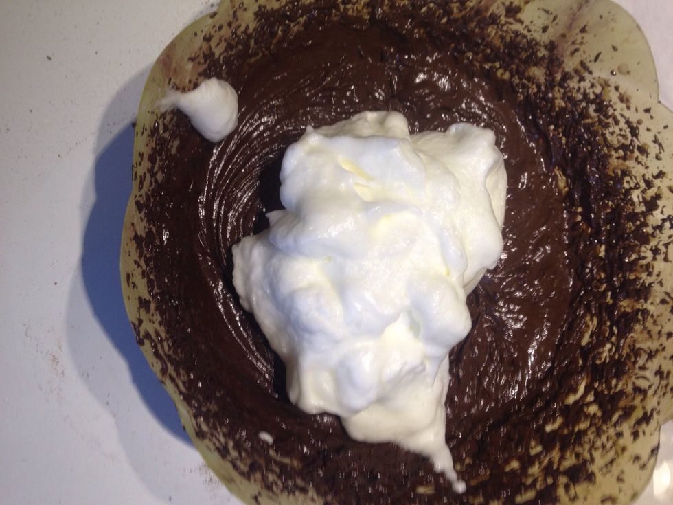 Add it to the mixture and rotate from the bottom to the top or the white will become liquid