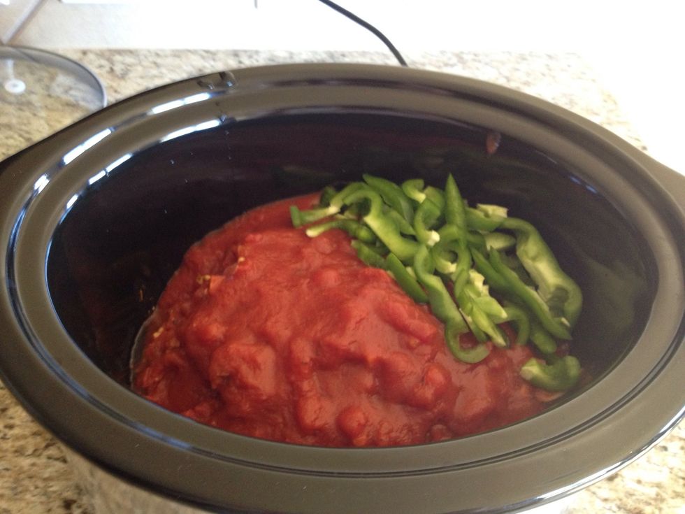 Add it to the tomatoes, sauce, bell peppers