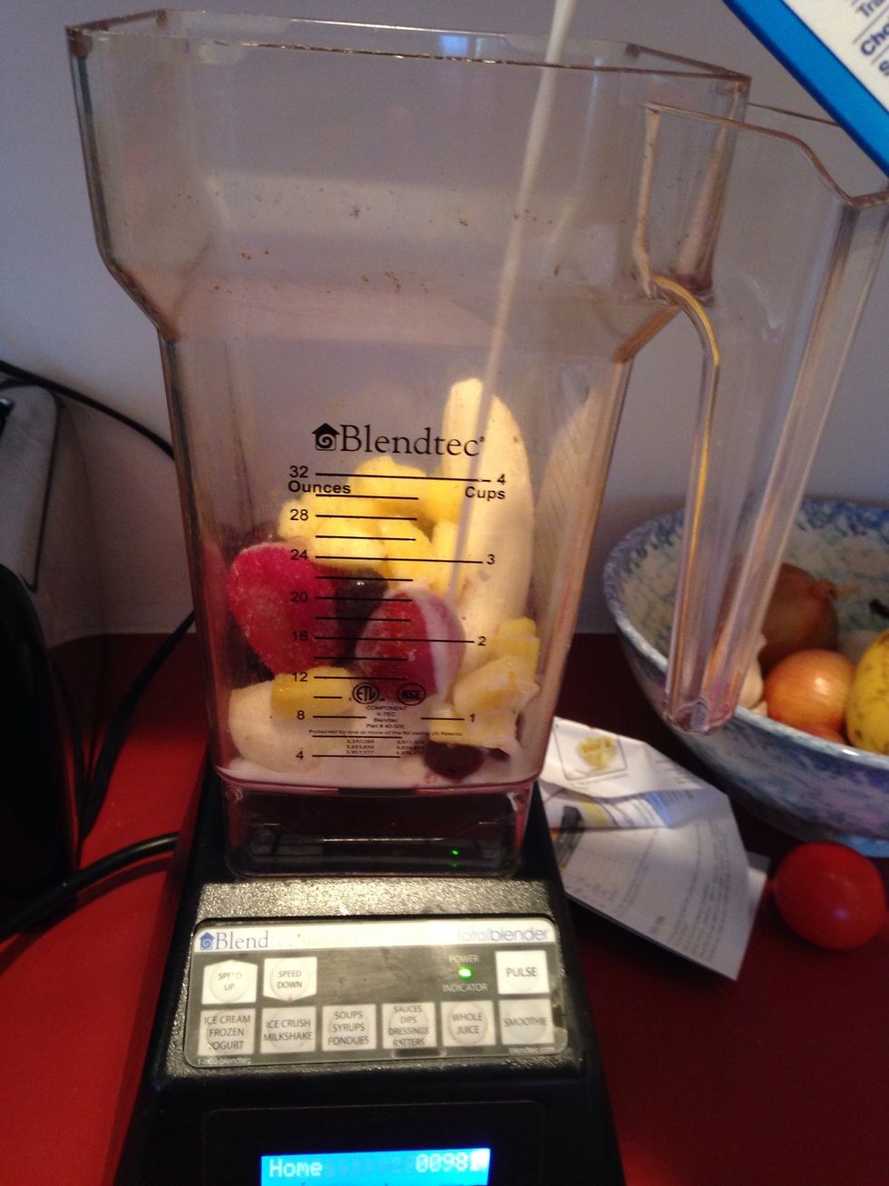 Add just enough milk (non-dairy or regular to cover the base. (Juice works well too.) Too much will make the smoothie soupy.