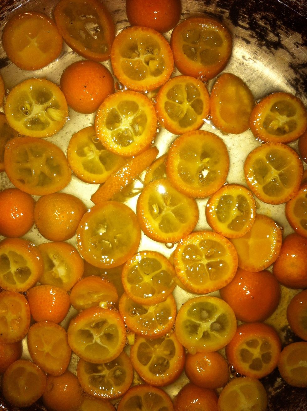 add kumquats and let simmer for about 15 or 20 minutes, stirring often