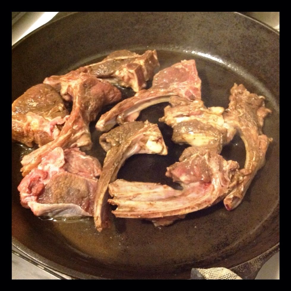 Add lamb to hot skillet with oil. Sear on both sides. I love cast iron for this. I did this is batches.