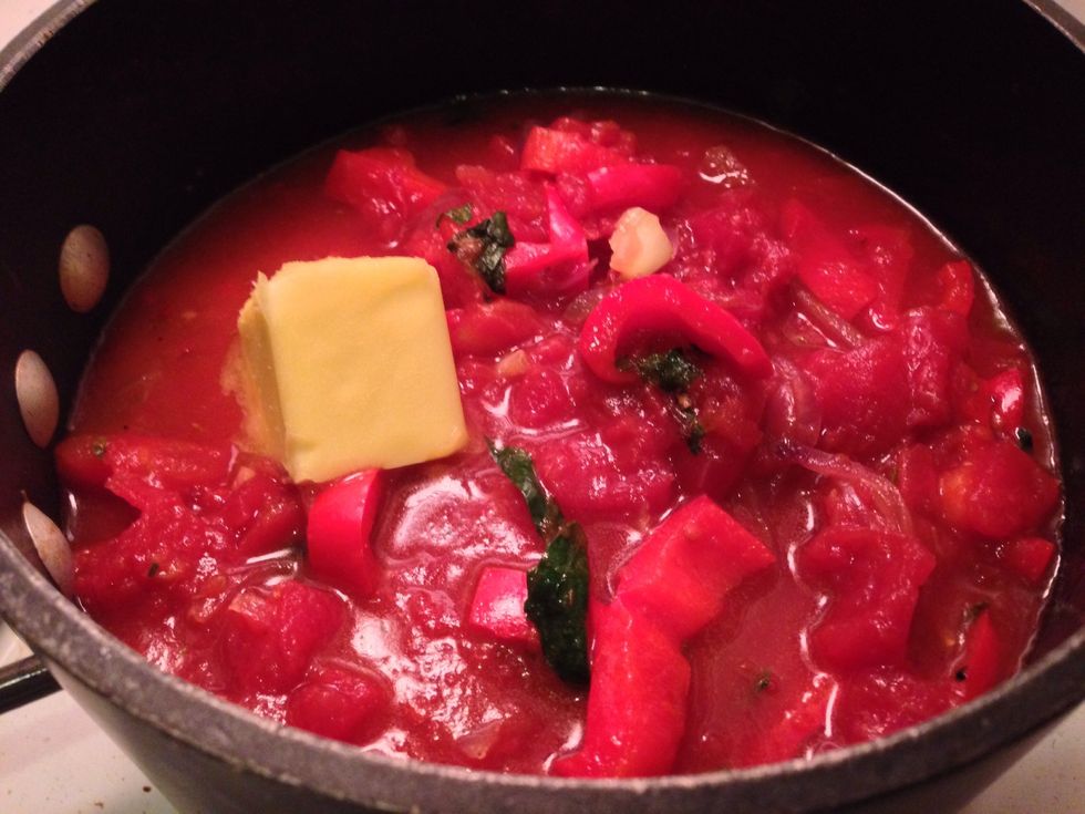 Add large can of diced tomatoes, 1/4 cup water, and 2-3 tablespoons butter. Simmer for 15-20 minutes.