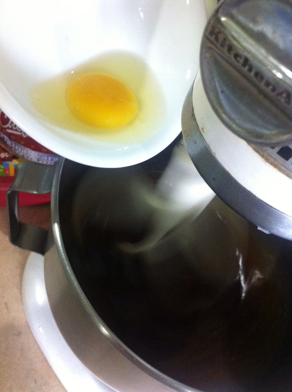 Add last egg while mixing the first in medium speed.