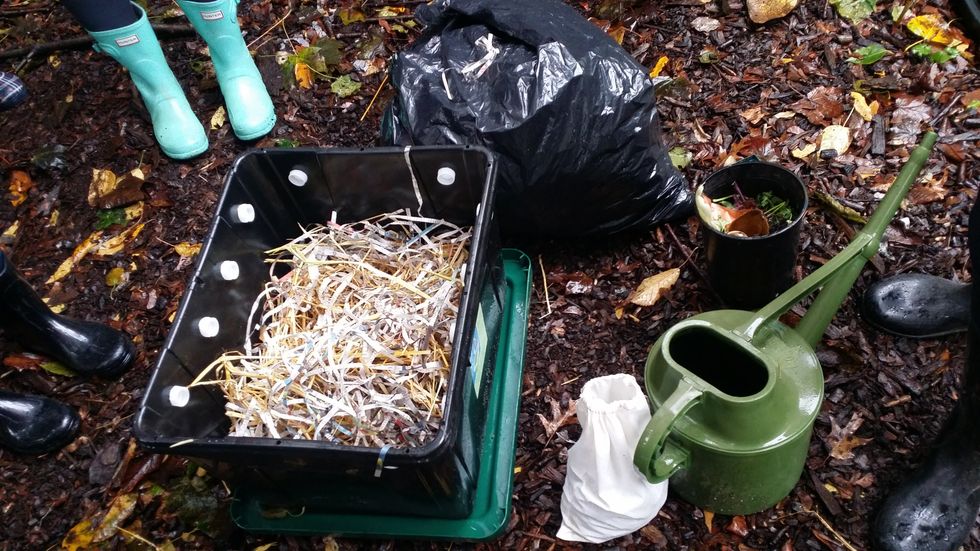 Add leaves, hay for bedding to fill half the bin. Add a bit of shredded paper but only if it has been printed on with vegetable ink. Vancouver newspapers use vegetable inks.