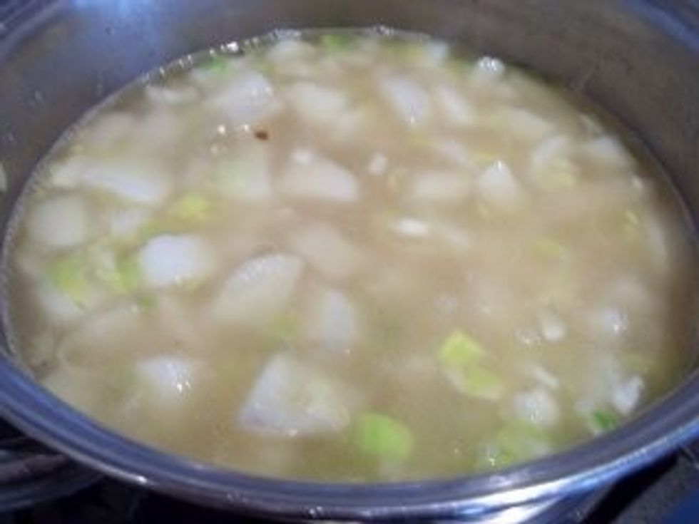 Add leeks and broth to the drained potatoes. Place on medium-high heat and wait until it boils.
