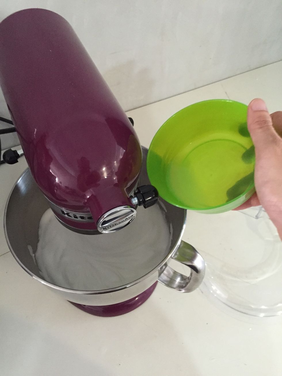 Add lemon juice and keep on going on medium speed until hard peak and glossy.