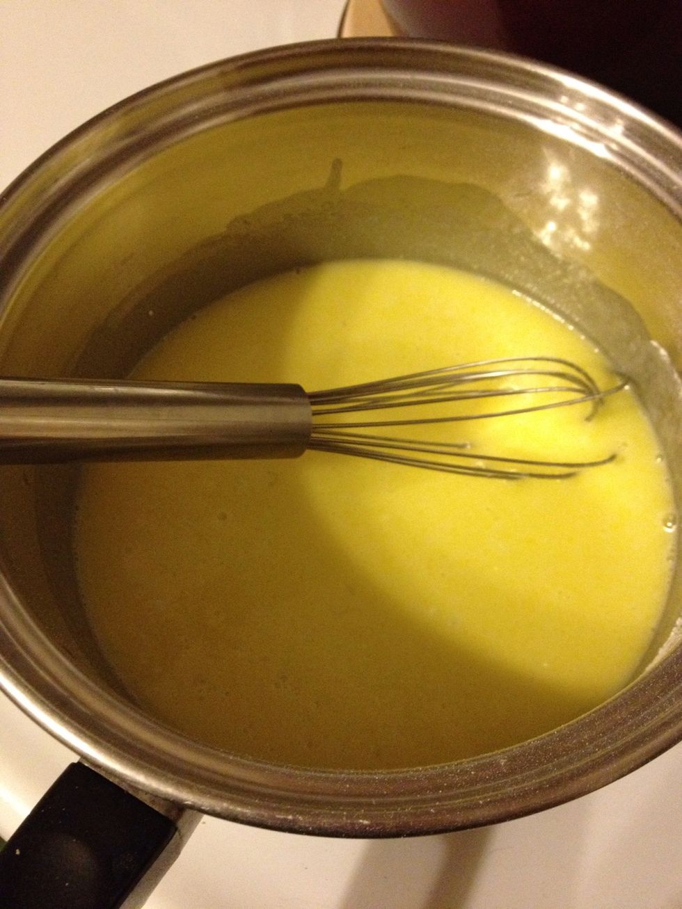 Add lemon mix, 2 egg yolk, and 1/3 cup cold water... Mix Til smooth.