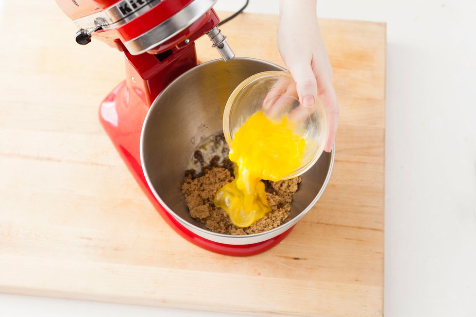 Add lightly beaten eggs. Mix ingredients until combined.