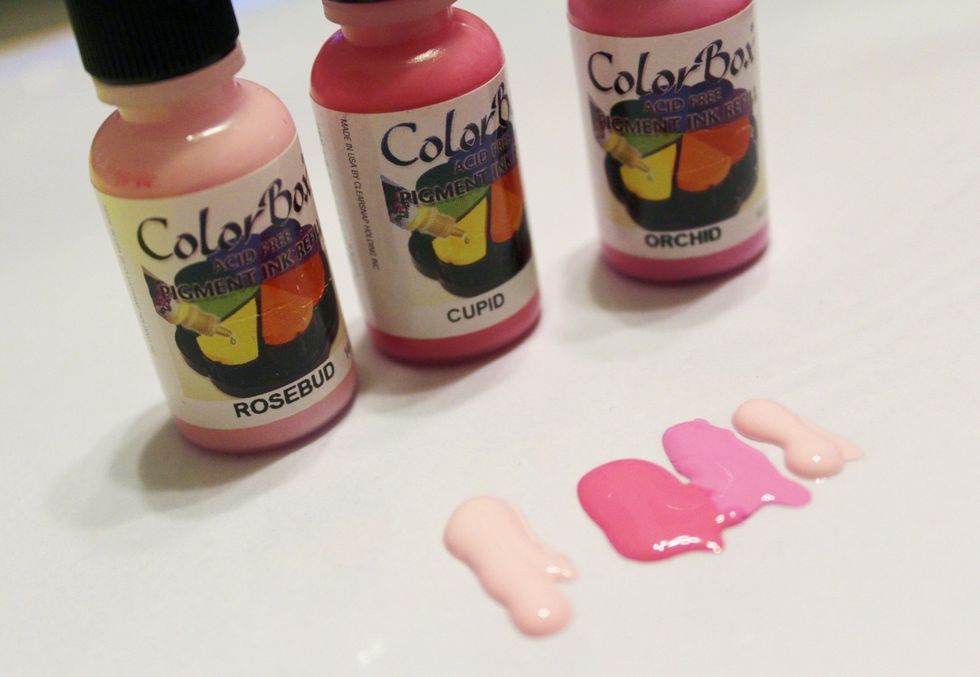 add "lines" of Rosebud, Cupid and Orchid Pigment Inks from refill bottles on Inking Palette...
