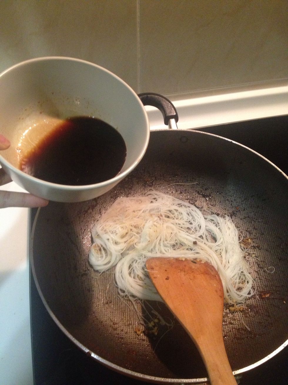 Add little bit of sauce, not all of them and stir fry to mix well.