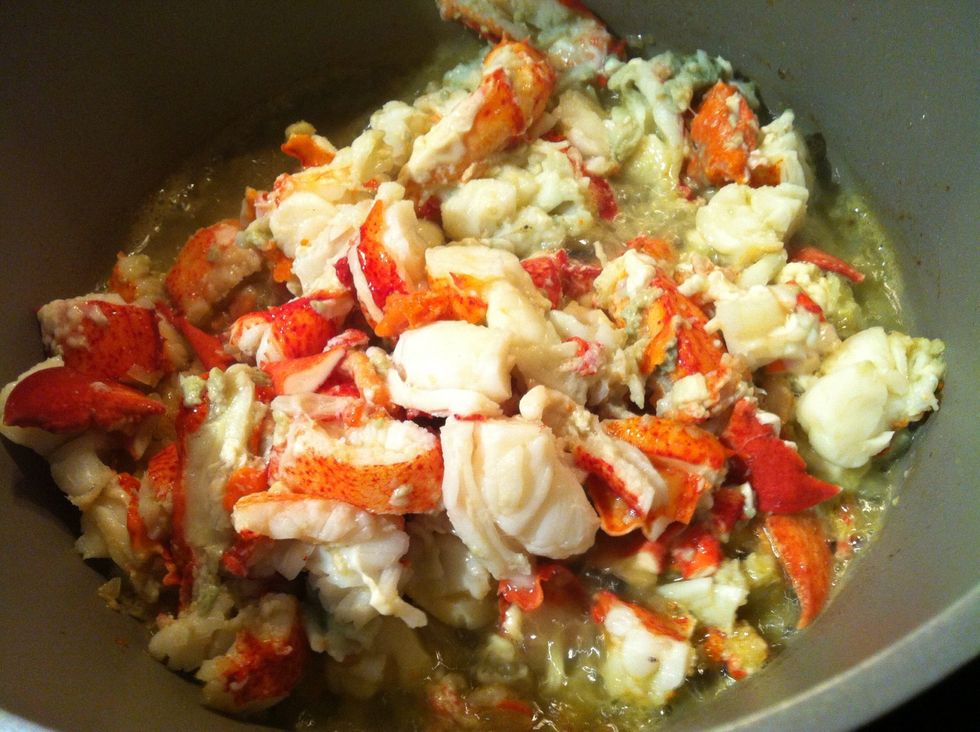 Add lobster meat, season with salt and pepper.