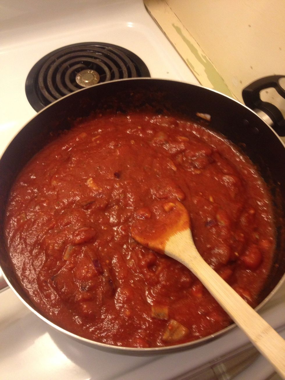 Add marinara sauce, cook about 5 mins, set aside