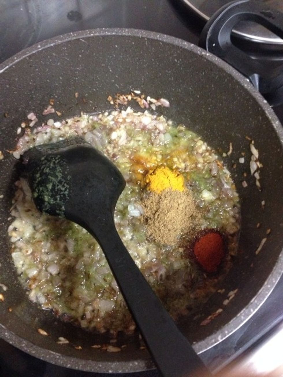 Add masala that was prepped earlier. Then add haldi, chili, jeera, Dhaniya (1/2tsp) garam masala powder (1/4tsp)