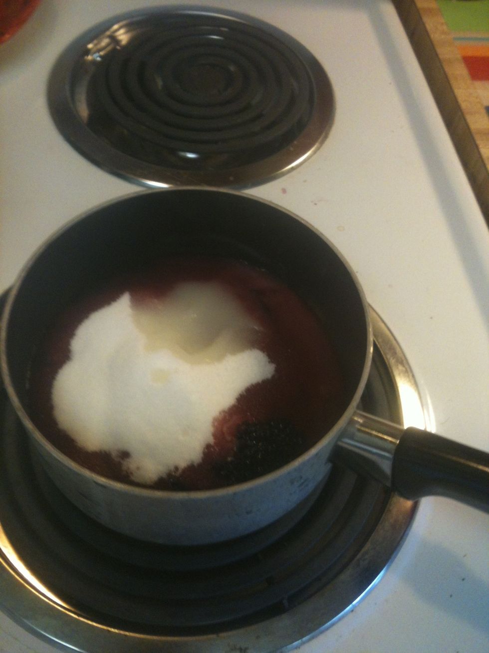 Add mashed blackberries, sugar and lemon juice to a small saucepan. Cook on Med to High heat for 5 minutes.