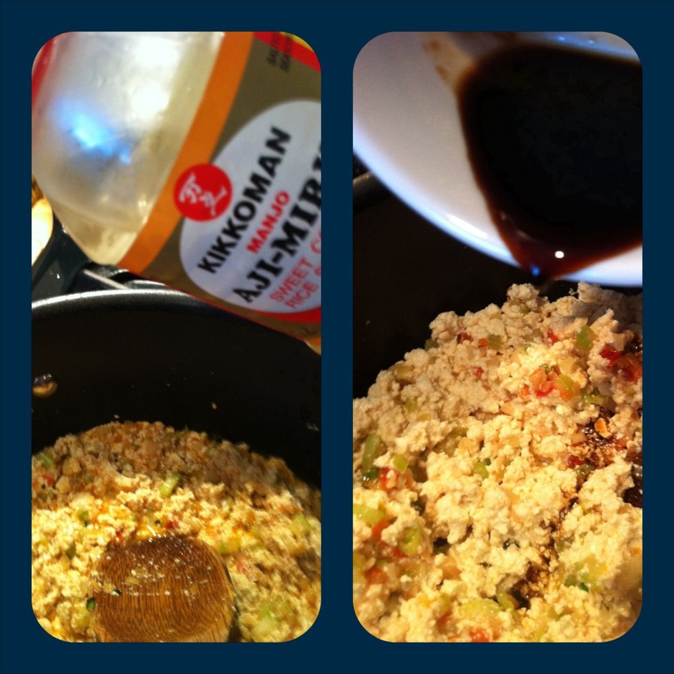 Add mashed tofu. Season with a tsp of mirin sauce (optional) and 2tbsp soysauce. Cook for about 5 mins or so.