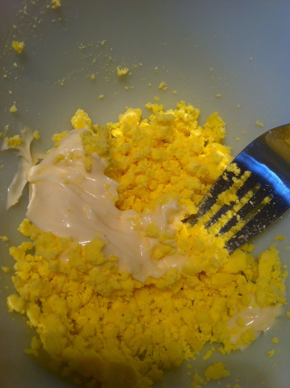 Add mayo (about 2 teaspoons, for 2 eggs)