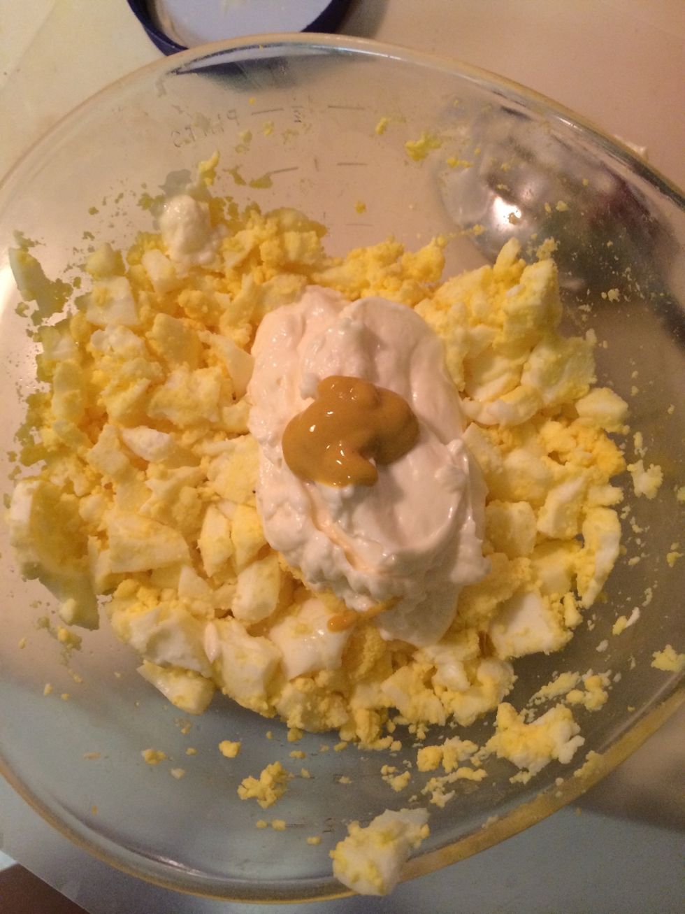 Add mayo & mustard! No actual measurements! A heaping spoon worth of mayo just basically to coat all eggs, and a small squirt of mustard to taste!