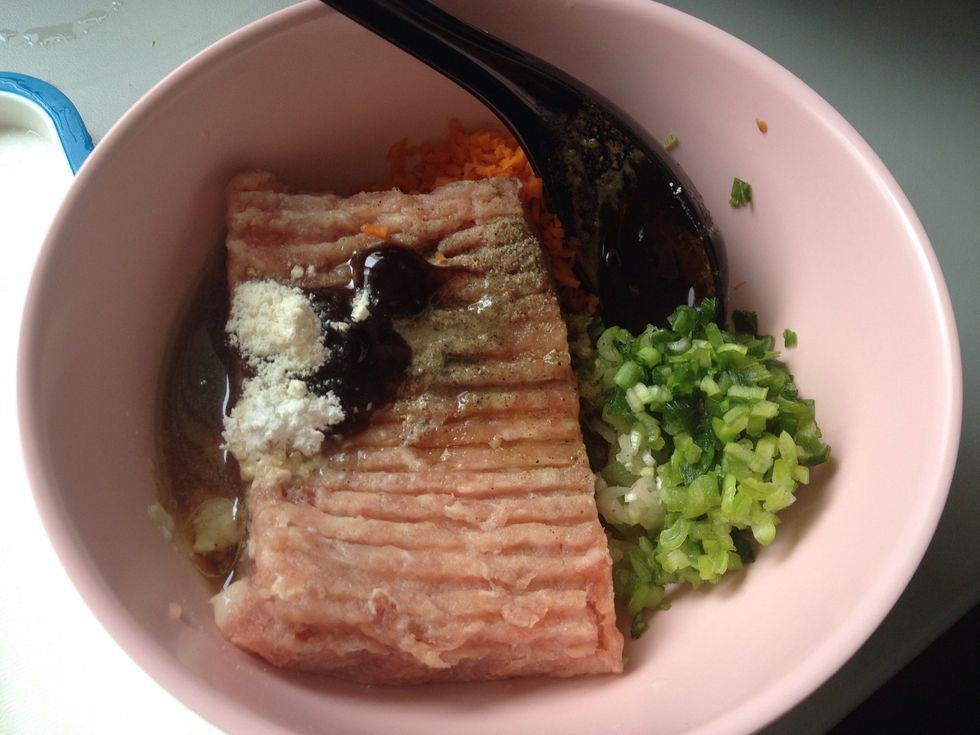 Add meat, 1.5tbsp cooking wine (to get rid of pork smell), each 1 tsp cornstarch, cooking oil, light soy sauce, oyster sauce, seasonings, some salt and pepper powder to taste.