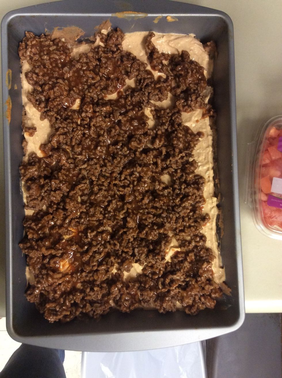 Add meat onto the cream cheese and sour cream mixture