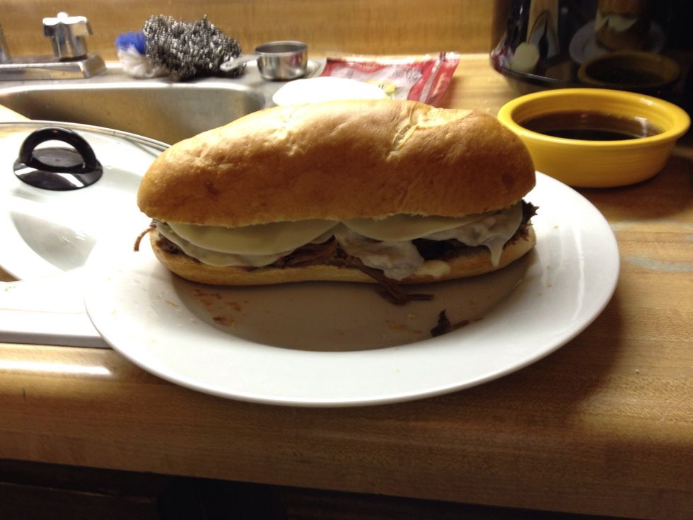 Add meat to your choice of delicious roll. And don't forget the cheese! I love provolone but a Havarti or Munster would probably be delightful...or Swiss, but I'm not a big fan of Swiss cheese.